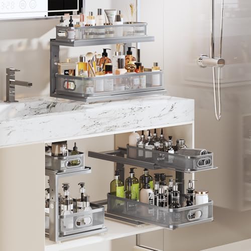 Image of 2 Pack 21IN-Depth Under Sink Organizer With Next-Gen Ball-Bearing Slides,2-Tier Precision Mesh Pull Out Cabinet Storage for Bathroom&Kitchen,Height Adjustable Drawers Shelf,Anti-rust-Grey