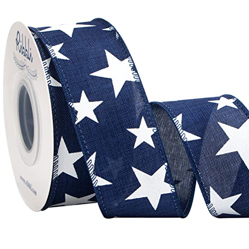 Ribbli Patriotic Ribbon Wired Navy with White Star 1-1/2 Inch x 10 Yard Red White Blue Ribbon for Wreaths Crafts Big Bows Gift Wrapping 4th of July Independence Day Memorial Day