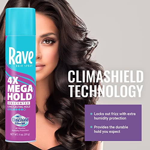 Image of rave 4X Mega Unscented Aerosol Hairspray - Hair Spray for High Humidity Weather - 24-Hour Lasting Hold - Vitamin-Enhanced Hair Volume Spray - 11 oz (Pack of 2)