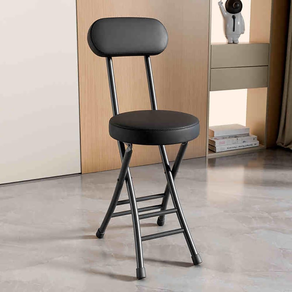 Taburete Plegable para Casa, Taburetes De Cocina Plegables con Respaldo, Cuero Acolchado Sillas Plegables De Mostrador para Eventos Fiesta Jardín Patio(Black)