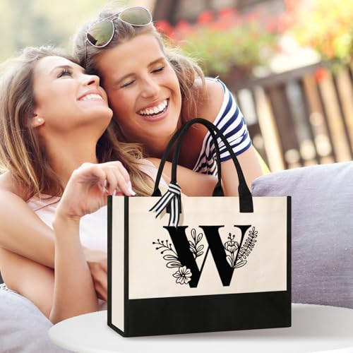 Image of Personalized Initial Canvas Tote Bag, Suitable for Birthday, Wedding, Beach, Holiday, Gifts for Women, Mom, Teachers, Nurses, Best Friends, Bridesmaids (W)