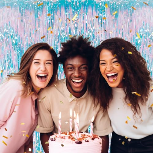 Image of DECOCKRAT 3 Pack Foil Fringe Backdrop - Iridescent Shiny Tinsel Curtains for Party Decoration /Photo Booth Props - 3.3x8.2 FT Metallic Foil Backdrop for Birthday, Wedding, Graduation, Christmas.