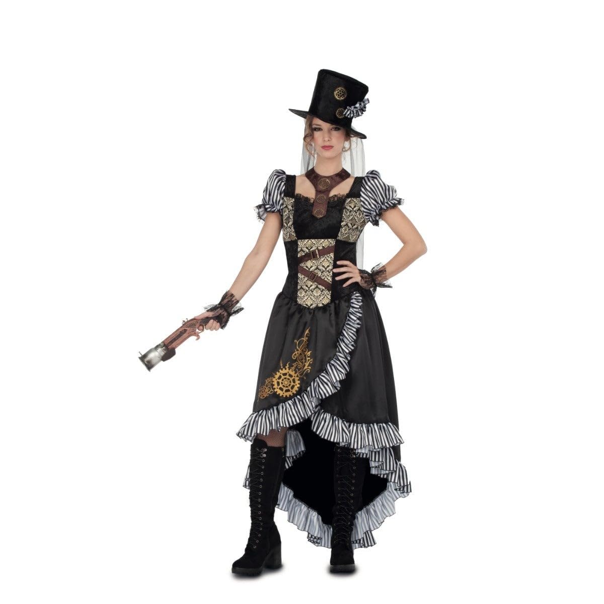 My Other Me - Disfraz Steampunk mujer negro y marrón adulto | Incluye vestido negro con volantes, engranajes dorados, sombrero alto con velo, gargantilla marrón y muñequeras de encaje