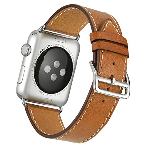valkit Bands Compatible with Apple Watch Band 38mm 40mm 42mm 44mm, Genuine Leather Strap Bracelet Replacement Wristband with Metal Adapter for Women Men iWatch SE 6 5 4 3 2 1, Single Tour - Brown
