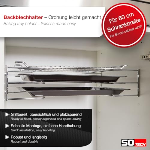SOTECH Backblechhalter für 3 Backbleche (364 x 140 x 125 mm, chrom poliert, für 600 mm Korpusbreite) Gitterrost-Halterung - Ordnung leicht gemacht