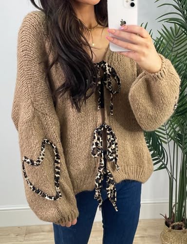 Image of Women's Tie Knot Leopard Heart Print Knit Cardigan Oversized V Neck Open Front Bandage Sweater Trendy Fall Knit Outwear