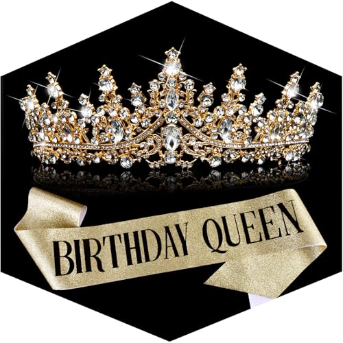 TOBATOBA Birthday Queen Sash and Crown for Women - Gold Rhinestone...