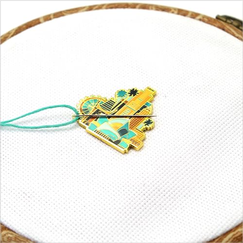 Image of Awesome Pattern Studio Needle Minder Set - Los Angeles Magnetic Needle Minder + 2 Needle Threaders + Crane Scissors. Enamel Pin for Cross Stitch, Embroidery and Craft