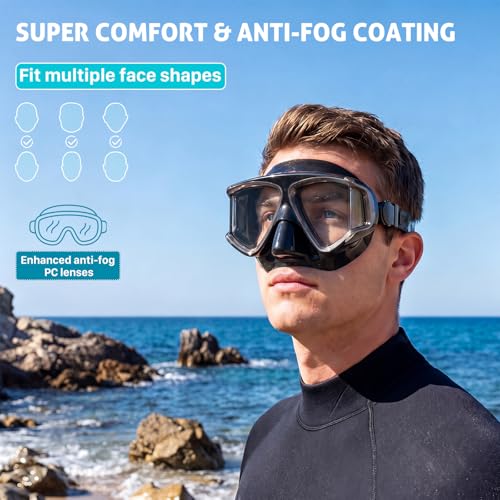 Set de snorkel para adultos con máscara de buceo, visor panorámico HD, snorkel seco, anti-vaho y anti-fugas, con cubierta para nariz y bolsa de viaje miniatura 2