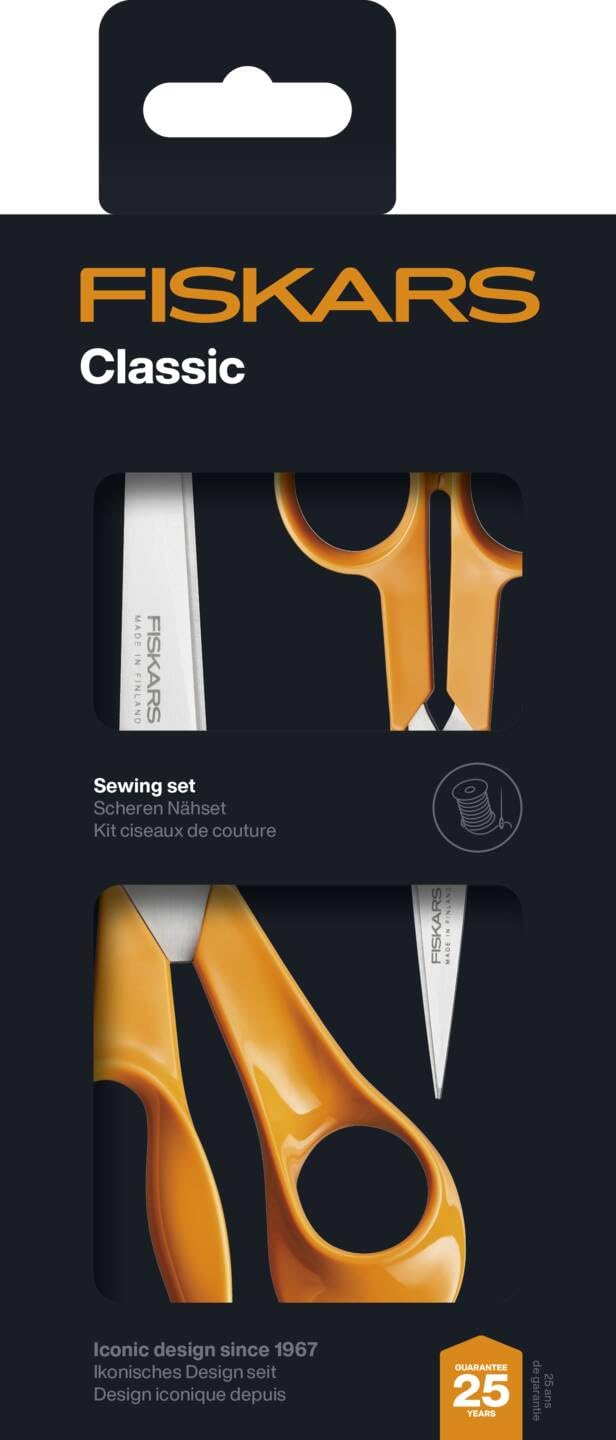 Fiskars Classic Scheren-Nähset - Universal-Schere 21 cm + | Handarbeitsschere 13 cm, Rostfreier Stahl, Ergonomische Griffe, Papier & feine Näharbeiten, 1082398