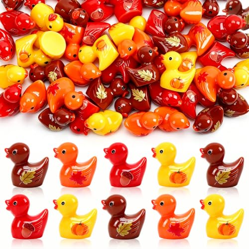 Image of JUNEBRUSHS 50Pcs Fall Mini Resin Ducks Thanksgiving Miniature Figures