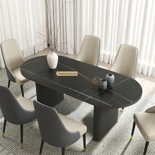 Image of Luxury 6-Seater Nano Composite Marble Top Dining Table - 72 inchx36 inchx30 inch | Black Neno Stone with Charcoal Louver Solid Wood Base & Brass Accents | Modern Elegant Dining Room Furniture
