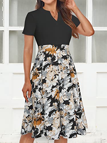 Image of YATHON Womens Elegant Print Notched Neck Slant Pocket Pleated Hem Casual A-Line Dress
