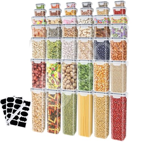 Dihl 42 Piece Airtight Food Storage Container Set, 7 Sizes BPA Free Plastic Kitchen Pantry Organiser Canisters with Lids. For Cereal, Flour, Rice, Pasta, Dry Food. With Labels & Marker