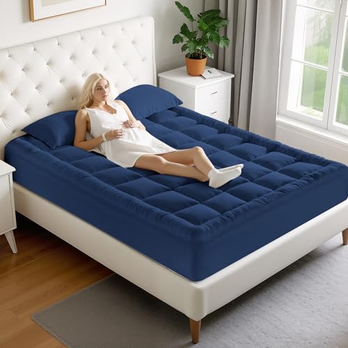 Image of MATBEBY Full Size Mattress Pad - Cooling Breathable Mattress Topper, Quilted Fitted Mattress Protector, Pillow Top Mattress Cover with 8-21 inch Deep Pocket, Machine Washable, Navy Blue, 54x75 Inches