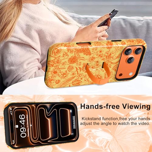 Image of Magnetic for iPhone 17 Pro Case with Finger Strap Kickstand [Compatible with Magsafe] Cute Flower Floral Pattern Design, Dual-Layer Shockproof Protective Cover for Women Men, Orange