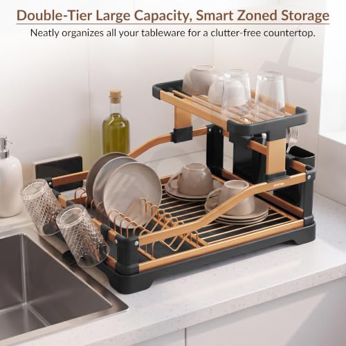 Image of Plantex Fold Flat Dish Drying Rack /Aluminium 2-Tier Dish Rack with Drainboard /Vessel Drainer Basket /Plate Holder Stand /Kitchen Rack - Pack of 1 (Gold & Black)