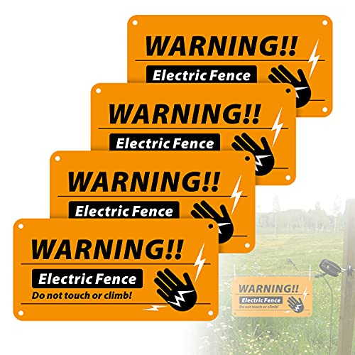 Magicfour Electric Fence Signs, 4 Pack Electric Fence Warning Signs 4   x 8   Plastic Electric Fence Safe Signs No Touching or Climbing Sign with Zip Ties for Electric Fence to Protect Farm Home