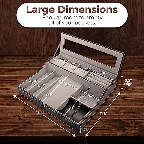Mens Valet Box Organizer, Large Leather Valet Tray for Men, Mens Valet Tray Organizer with Charging Station, Mens Jewelry Box Organizer for EDC Valet Mens Accessories, Nightstand Bedside Dresser Top