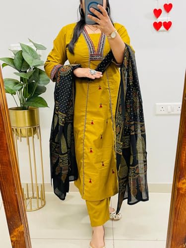 Image of ANNI Designer Navy Blue Pure Cotton A-Line Kurta Pant Dupatta Set for Women | Embroidery 3 Piece Suit with Straight Pants & Matching Dupatta | Festive Office Ethnic Wear