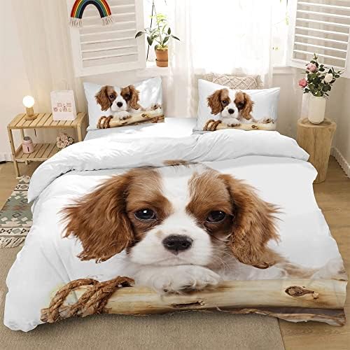 HOMHOMHA Cute Dog Duvet Cover Set Double Size Dog Bedding Set Lovely Puppy Theme White Background Comforter Cover Dogs Pattern Decor Bedspread Cover Dog Quilt Cover,Double