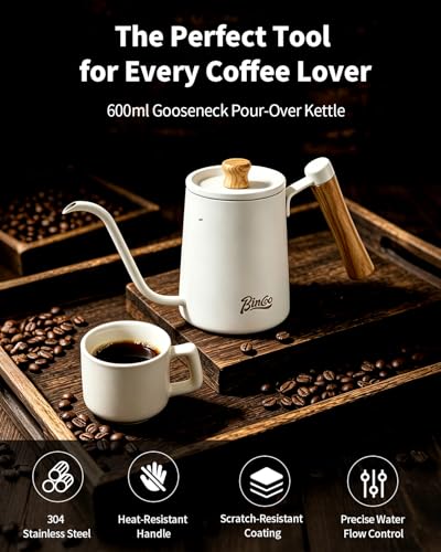 Bincoo Pour Over Coffee Kettle, 600ml (20oz) Gooseneck Kettle with Long Spout – Lightweight Stainless Steel Hot Water Dispenser for Home Office Camping, Not for Stovetop (White wooden handle) - Image 2