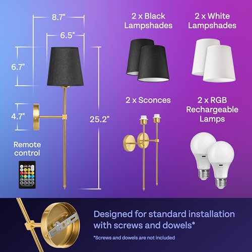 AMBIQAA Battery Operated Wall Sconces, 2 Black & 2 White Lampshades, Wall Sconces Set of 2, Wireless Wall Lamps with Remote, Timer, 16 Color Modes, 3 Dimmable White Light Modes, Adjustable Gold Arm by AMBIQAA - Used condition - Image 6