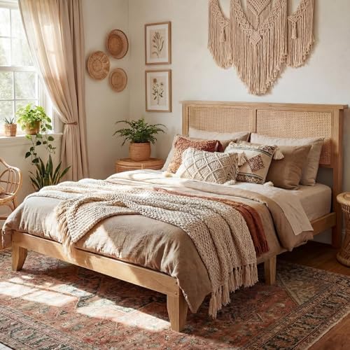 GAOMON King Size Rattan Bed Frame, Rattan Bed Frame with LED Light & Natural Headboard, Boho, Storage Space Underneth, Sturdy Wooden Slats Support, No Box Spring Needed King No Charging Stat