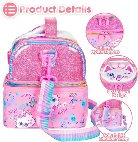 Image of Kids Double Decker Cooler Insulated Lunch Bag Large Tote for Boys, Girls, Men, Women, with Adjustable Strap (ARN Kitty)