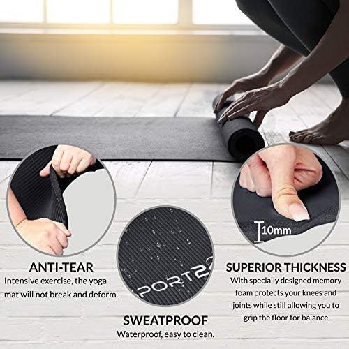 Sport24 Yoga Mat Thick 10mm NBR Non-slip Multipurpose- Pilates, Ab workouts, Stretching, Push ups, Gymnastics- 183cm X 62cm X 1cm with Carry Strap- Men/Women
