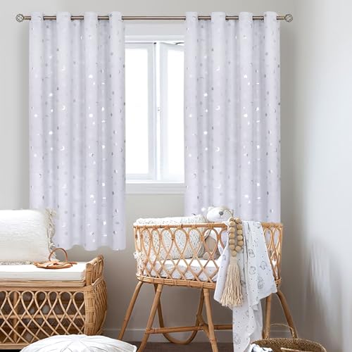 Image of BGment Kids Blackout Curtains for Bedroom 63 Inch Long 2 Panels, Star and Moon Girls Decor Room Darkening Drapes for Nursery Baby Room, Greyish White, 52X63