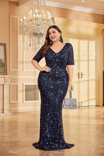 Glitter Sequin Long Formal Dress for Women Prom Dress 2024 Short Sleeves V-Neck Navy Blue4
