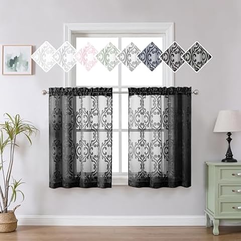 Aiyufeng Suri Black Sheer Curtains 36 Inch Length, Light Filtering Soft Airy 3D Floral Clip Jacquard Textured Short Sheer Curtains for Bedroom Bathroom Small Windows, 42Wx36L Inches, Set of 2 Cover