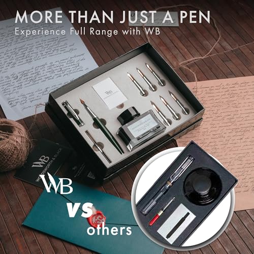 Image of Wordsworth & Black Luxury Calligraphy Pen Set for Writing, 6 Nibs, Green | Fountain Ink Bottle, Cartridges & Refill Converter, Refillable, Green, High End Gift for Men & Women, Journaling & Lettering