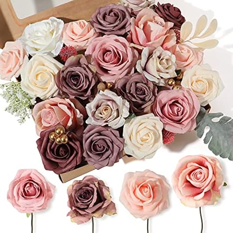 Artificial Flowers Combo Mixed Silk Fake Flowers Foam Faux Roses with Leaves for DIY Wedding Bridal Bouquet Floral Centerpiece Arrangement for Bridal Party Cake Birthday Baby Shower Home Decor Cover