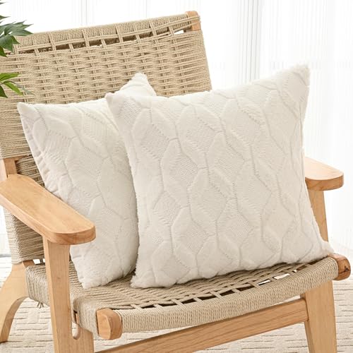 Volcanics Pack of 2 Faux Wool Throw Pillow Covers 18x18 Inches Decorative Farmhouse Velvet Couch Pillow Case Soft Plush Square Boho Cushion Pillowcase, Cream Beige