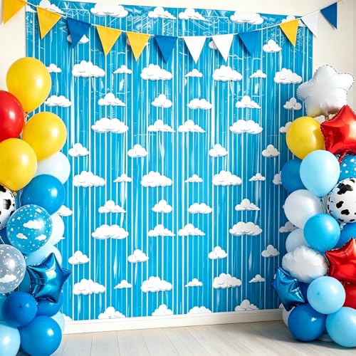 Image of 4 Packs Blue Sky Foil Fringe Curtain, White Clouds Metallic Tinsel Backdrop for Kids Toy Birthday Baby Shower Cartoon Story Party Decorations Supplies