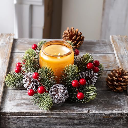 2 Pcs Christmas Candle Rings Wreaths Artificial Poinsettia Pinecone Candles Rings Wreaths Winter Table Centerpiece Decor with Red Berry Norfolk Pine Candle Ring