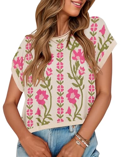 Image of ZESICA Women's Summer Trendy Knit Top 2026 Floral Print Short Sleeve Crewneck Loose Fit Sweater Vest Going Out Clothes