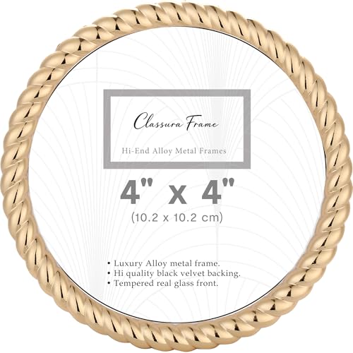 Classura Gold 4x4 High-End Round Picture Frames Contemporary Rope Profile Premium Velvet Backing & Tempered Glass Front for Desktop and Wall Hanging