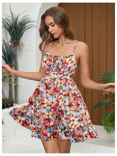 Image of Floerns Women's Swiss Dots Sleeveless Ruched Bust Ruffle Hem Cami Short Dress
