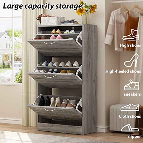 Agoteni Shoe Cabinet, Grey Narrow Shoe Cabinet With 3 Flip Doors & Adjustable Shelf, Modern Shoe Storage Cabinet For Entryway Hallway (22.4”W X 9.4”D X 42.3”H) #TOP3