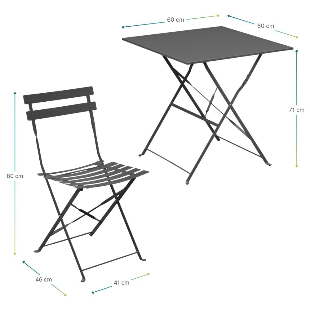 PALUPLUS Set da Bistrot 3 Pezzi, Tavolo Pieghevole QUADRATO 60x60x71 cm, 2 Sedie in Metallo 41x46x80 cm, Ideale per Balcone e Giardino, Design Elegante e Salvaspazio -7124F-15,8 (Grigio Antracite)