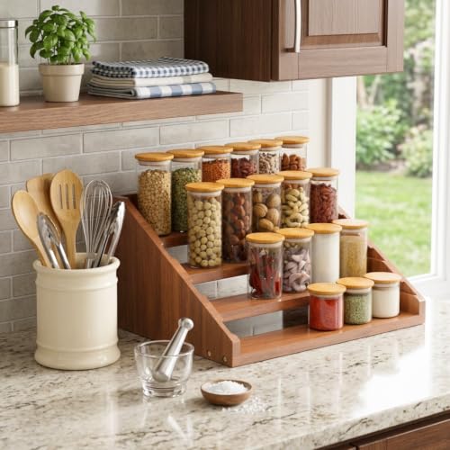 Solid-Wood-Spice-Rack-Organizer-for-Countertop-Cabinet-4-Tier-Adjustable-Wooden-Spice-Shelf-with-Sliding-Track-Premium-Step-Seasoning-Bottle-Holder-for-Kitchen-Pantry-Office-Walnut-Brown