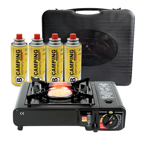 Cocina Portátil de Gas Butano con Maletín, Kit de Camping con Cartuchos, Hornillo Camping, Cocina Portátil Estable. (Camping Gas con 4 Bombonas)