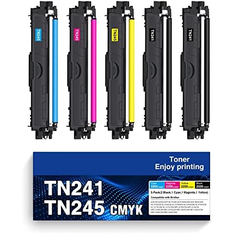 5 Pack TN-241 TN-245 Toner Cartridges TN241 TN245 Compatible for Brother HL-3140CW HL-3150CDW HL-3170CDW DCP-9020CDW DCP-9015CDW MFC-9330CDW MFC-9130CW MFC-9340CDW, 2Black/1Cyan/1Magenta/1Yellow Cover