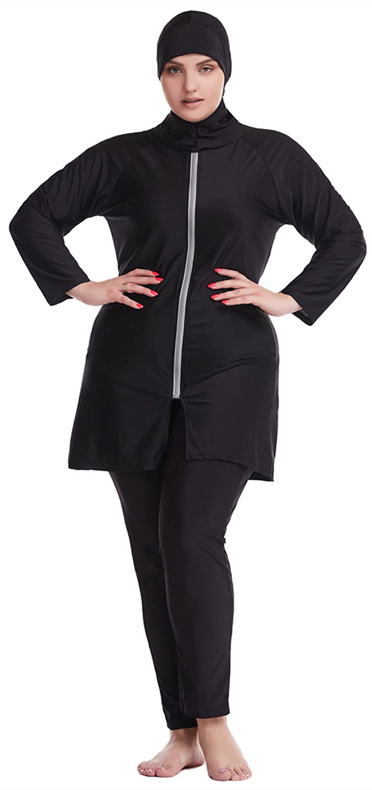 WOWDECOR Modest 2 Piece Swimsuits for Women Girls Plus Size, Full Coverage Burkini Hijab (Black, 2XL)