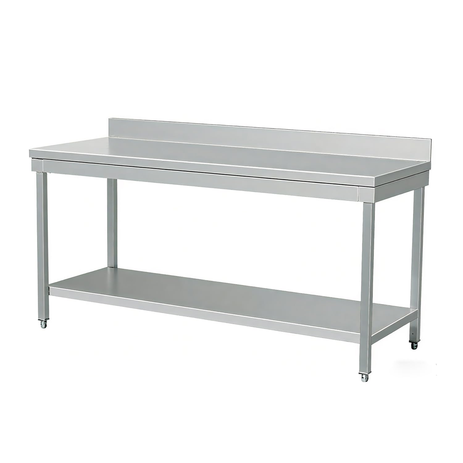 Ristoattrezzature Tavolo in acciaio inox 150x60x95h cm su gambe con piano di fondo e alzatina VS