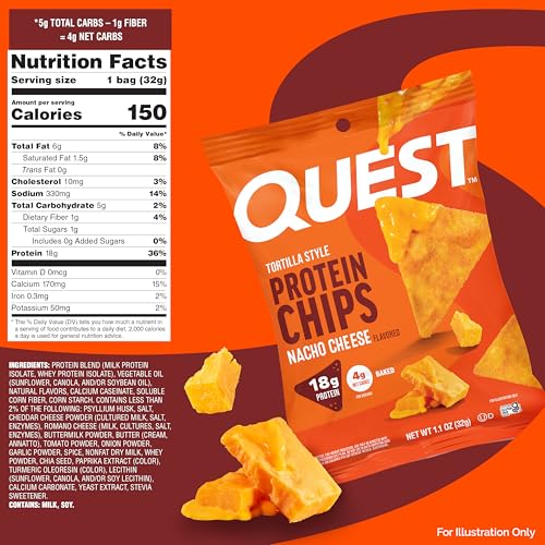 Image of Quest Nutrition Nacho Cheese Tortilla Style Protein Chips, 18g Protein, 4g Net Carb, Low Carb, Gluten Free, 1.1 oz (Pack of 12)