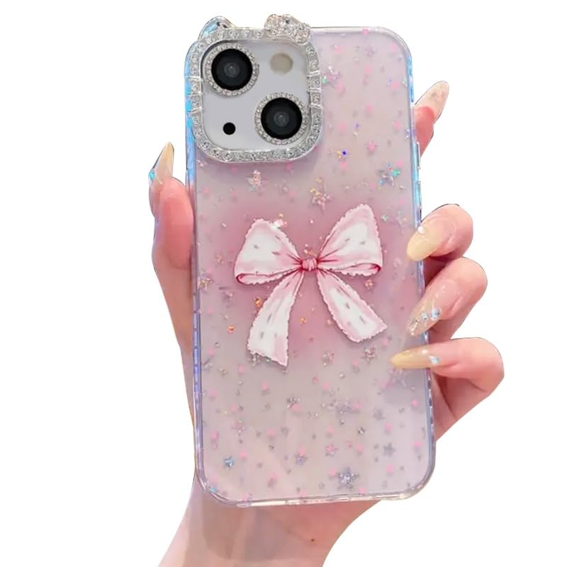 Image of mobistyle Designed for iPhone 14 Plus,Cute Sparkling Bow Pattern Camera Protection Back Cover Case for Women Girls | iPhone 14 Plus,Pink |